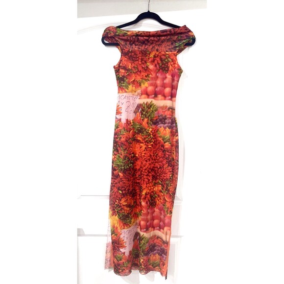 Zara Dress Medium Off Shoulder Maxi Chili Pepper Fruit Print Mesh Stretch NEW - Picture 1 of 13